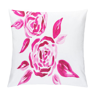 Personality  Top View Of Pink Watercolor Flowers With Leaves On White Background  Pillow Covers