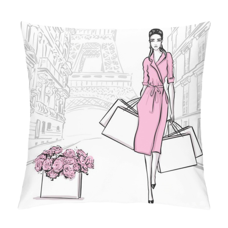 Personality  Beautiful woman in retro style in Paris . vintage dress sixties  pillow covers