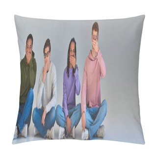 Personality  Four Young Friends Sitting With Crossed Legs And Covering Their Mouths, Cultural Diversity, Banner Pillow Covers