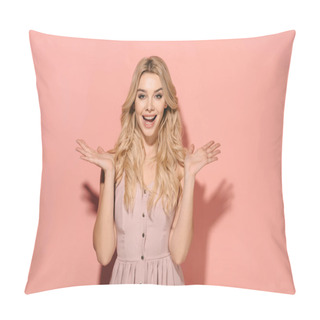 Personality  Attractive And Blonde Woman In Pink Dress With Outstretched Hands Looking At Camera  Pillow Covers