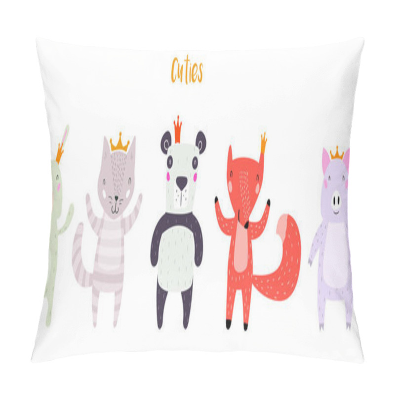 Personality  Panda, Cat, Bunny, Pig, and Fox Characters Staying Together in Crowns. Two Animals in Cute Trendy Modern Cartoon Childish Style. Perfect for Print, Web, App or Any Digital Design Manipulation. pillow covers