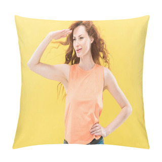 Personality  Smiling Curly Redhead Woman Looking In Distance Isolated On Yellow Pillow Covers