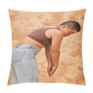 Personality  Body Positivity, Denim Fashion, Curvy And Tattooed Woman In Jeans And Crop Top Standing On Mottled Beige Background, Casual Attire Denim Fashion,  Self-acceptance, Generation Z, Body Diversity  Pillow Covers