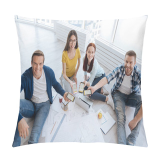 Personality  Delighted Joyful People Holding Their Smartphones Pillow Covers