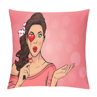 Personality  Wow Pop Art Face Of Surprised Fashion Girl Open Mouth With Valentine Heart In Hand. Love. Beautiful Young Woman Model Pointing Hand, Advertising Gesture.  Pillow Covers