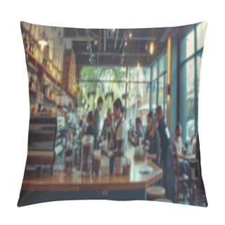 Personality  Blurred Background Of A Busy Coffee Shop With Patrons Enjoying Their Drinks And Baristas Crafting Coffee, Creating A Lively Community Space. Resplendent. Pillow Covers