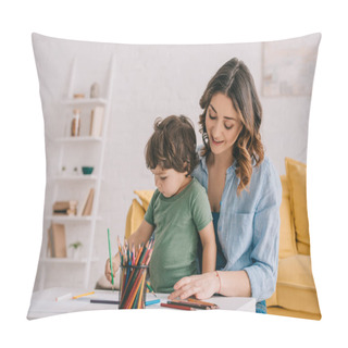 Personality  Mother And Son Drawing With Color Pencils In Living Room Pillow Covers