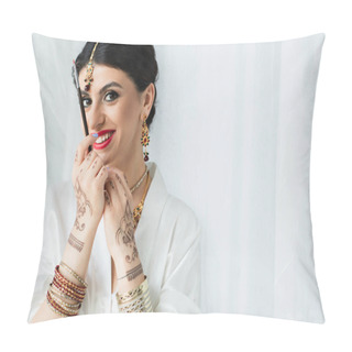 Personality  Cheerful Indian Bride With Mehndi Holding Cosmetic Brush On White  Pillow Covers