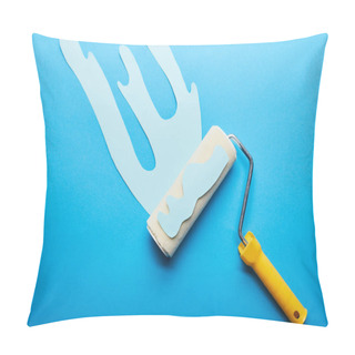 Personality  Top View Of Roller With Dripping Paper Cut Paint On Bright Blue Background  Pillow Covers