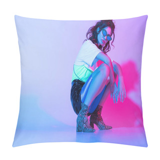 Personality  Stylish Woman In Sunglasses Sitting On Purple With Illumination  Pillow Covers