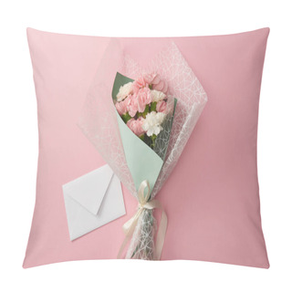 Personality  Top View Of Beautiful Tender Flower Bouquet And White Envelope Isolated On Pink  Pillow Covers