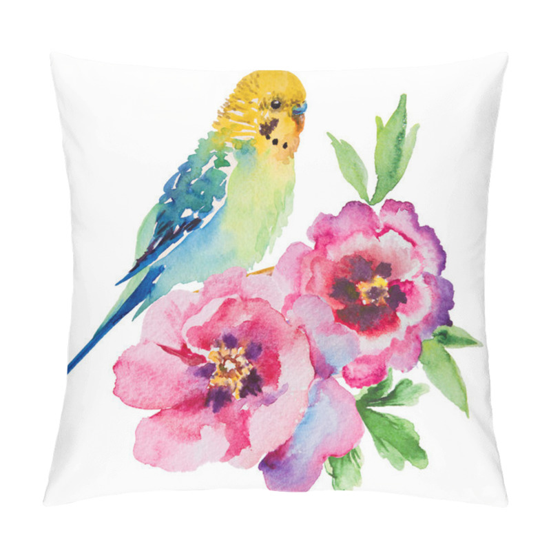 Personality  Watercolor Picture Of Budgie With Flowers On White Background Pillow Covers