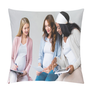 Personality  Smiling Pregnant Multiracial Women Using Digital Tablet And Discussing Forms During Antenatal Class Isolated On Grey Pillow Covers