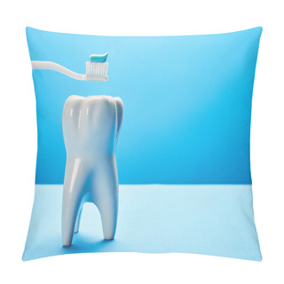 Personality  Close Up View Of Tooth Model And Toothbrush With Paste On Blue Background, Dental Care Concept Pillow Covers