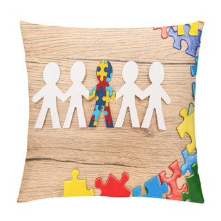 Personality  Top View Of Special Kid With Autism Among Another And Pieces Of Multicolored Puzzle On Wooden Background Pillow Covers