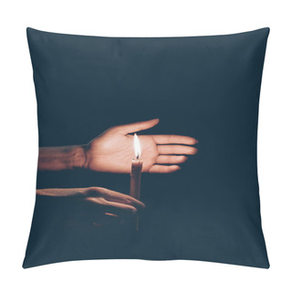 Personality  Cropped View Of Person Holding Flaming Candle In Hands Isolated On Black Pillow Covers