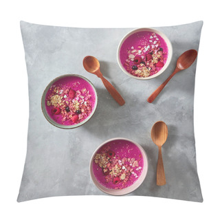 Personality  Smoothie With Granola, Beetroot  And Berries In Ceramic Bowls With Wooden Spoons, Healthy Breakfast  Pillow Covers