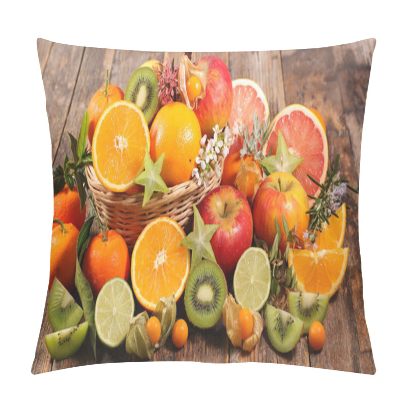 Personality  basket with fresh fruits on wooden table pillow covers