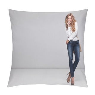 Personality  Beautiful Happy Woman Holding A Bag Pillow Covers