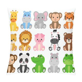Personality  Cute Set Of Wild Animals Including Lion, Tiger, Pig, Bear, Lioness, Panda, Monkey, Zebra, And Giraffe. Safari Jungle Animals Vector Pillow Covers