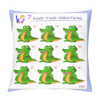 Personality  Logical Puzzle Game For Little Children. Need To Find Two Identical Crocodiles. Educational Page For Kids. IQ Training Test. Printable Worksheet For Textbook. Back To School. Vector Cartoon Image. Pillow Covers
