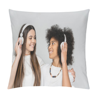 Personality  Cheerful Brunette Teen Girl In White T-shirt Hugging African American Girlfriend With Headphones Isolated On Grey, Energetic Teenage Models Spending Time, Friendship And Companionship Pillow Covers