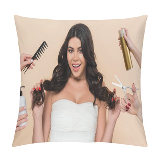 Personality  Hands With Hairdressing Tools Near Cheerful Brunette Woman Isolated On Beige  Pillow Covers