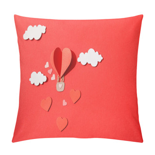 Personality  Top View Of Paper Heart Shaped Air Balloon In Clouds On Red Background Pillow Covers
