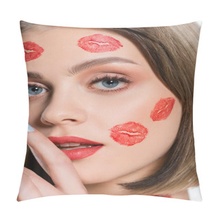 Personality  Close Up Of Young Woman With Red Kiss Prints On Cheeks And Body Isolated On White Pillow Covers