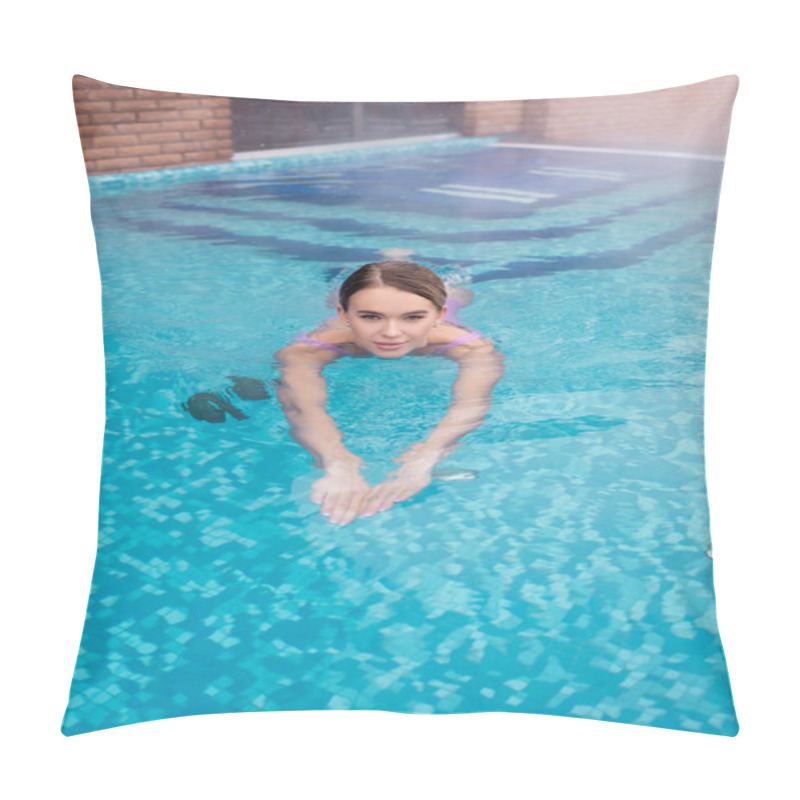 Personality  Young Woman Bathing In Outdoor Swimming Pool With Blue Water Pillow Covers