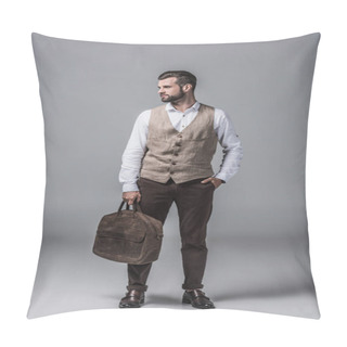 Personality  Stylish Elegant Man In Waistcoat Posing With Leather Bag On Grey Pillow Covers