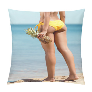 Personality  Cropped Image Of  Woman In Bikini Holding Pineapple On Sandy Beach  Pillow Covers