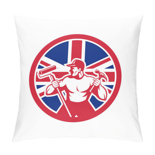 Personality  Icon Retro Style Illustration Of A British Professional Handyman Or Household Maintenance Guy With United Kingdom UK, Great Britain Union Jack Flag Set Inside Circle On Isolated Background. Pillow Covers