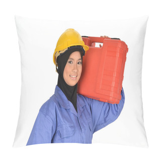 Personality  Asian Muslimah Worker With Tool Box Ready To Work Pillow Covers
