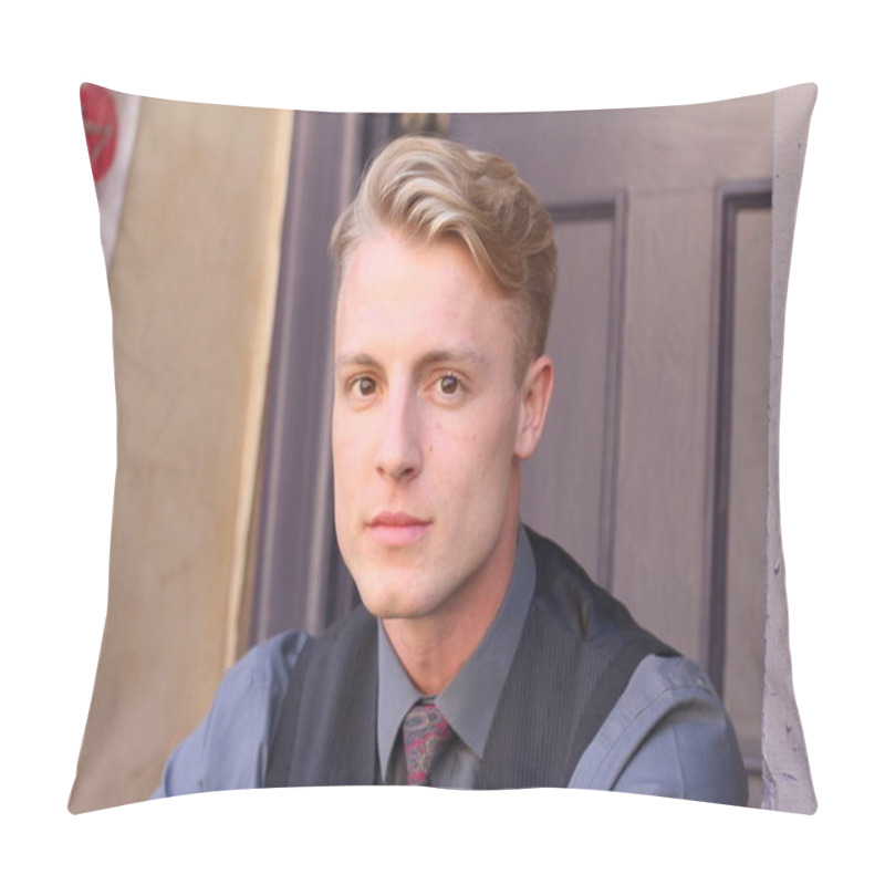 Personality  English gentleman beauty concept. Portrait of young and handsome man posing outdoors pillow covers
