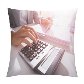 Personality  Close-up Of Businessperson Calculating Bills With Calculator In Office Pillow Covers