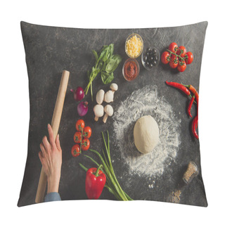 Personality  Cropped Shot Of Female Hand, Fresh Ingredients And Raw Dough For Italian Pizza On Dark Tabletop Pillow Covers