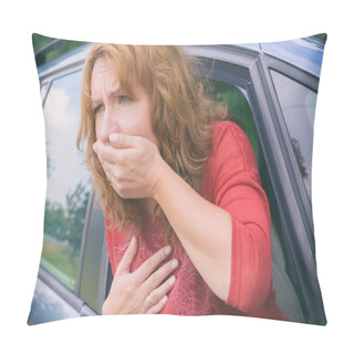 Personality  Woman Suffering From Motion Sickness In A Car Pillow Covers