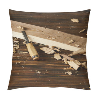 Personality  Close Up Image Of Chisel And Wooden Pieces On Brown Table  Pillow Covers