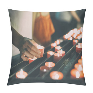 Personality  Woman Puts A Candle On Altar In Church. Pillow Covers