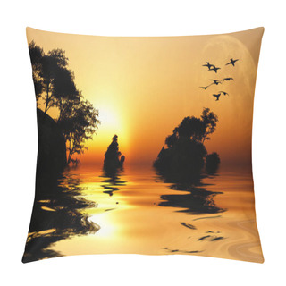 Personality  Small Islands On Sunset. Full Moon And Birds In The Sky Pillow Covers