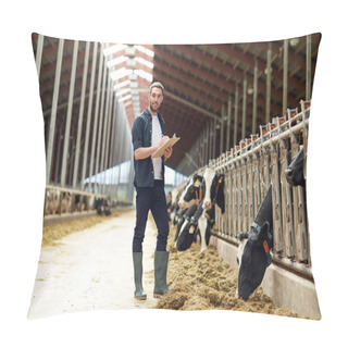Personality  Farmer With Clipboard And Cows In Cowshed On Farm Pillow Covers