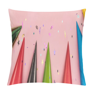 Personality  Panoramic Shot Of Multicolored Party Hats On Pink  Festive Background Pillow Covers