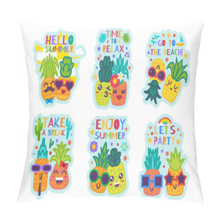 Personality  Hello Summer Stickers Set. Cute Cards Collection With Tropical Holiday Elements. Colorful Patches With Funny Cartoon Pineapples. Summer Vacation, Travel, Party And Recreation Concept Pillow Covers