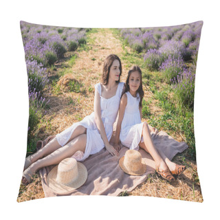 Personality  Woman And Girl In White Dresses Sitting On Blanket In Meadow Near Straw Hats Pillow Covers