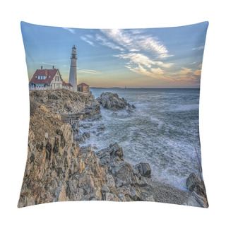 Personality  Portland Head Light, Is A Historic Lighthouse In Cape Elizabeth, Maine. In The Early Morning  Pillow Covers