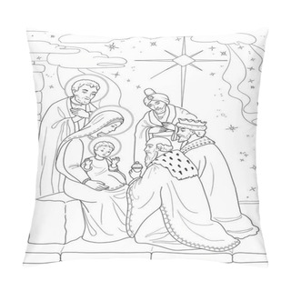 Personality  Christmas. Coloring Page With Baby Jesus, Mary Joseph, Three Wis Pillow Covers