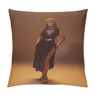 Personality  Full Length Of Elegant Woman In Egyptian Look And Headdress Standing And Posing On Brown Background Pillow Covers