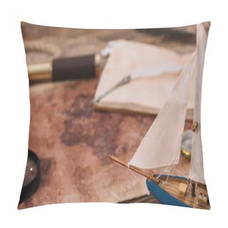 Personality  Crafted Ship Near Old World Map With Magnifying Glass And Telescope Pillow Covers