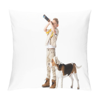 Personality  Full Length View Of Preschooler Explorer Boy With Beagle Dog Looking In Spyglass Isolated On White Pillow Covers